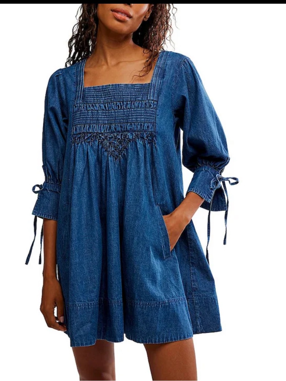 Free People Denim Sonora Square Neck Long Sleeve Denim Baby Doll Mini Dress